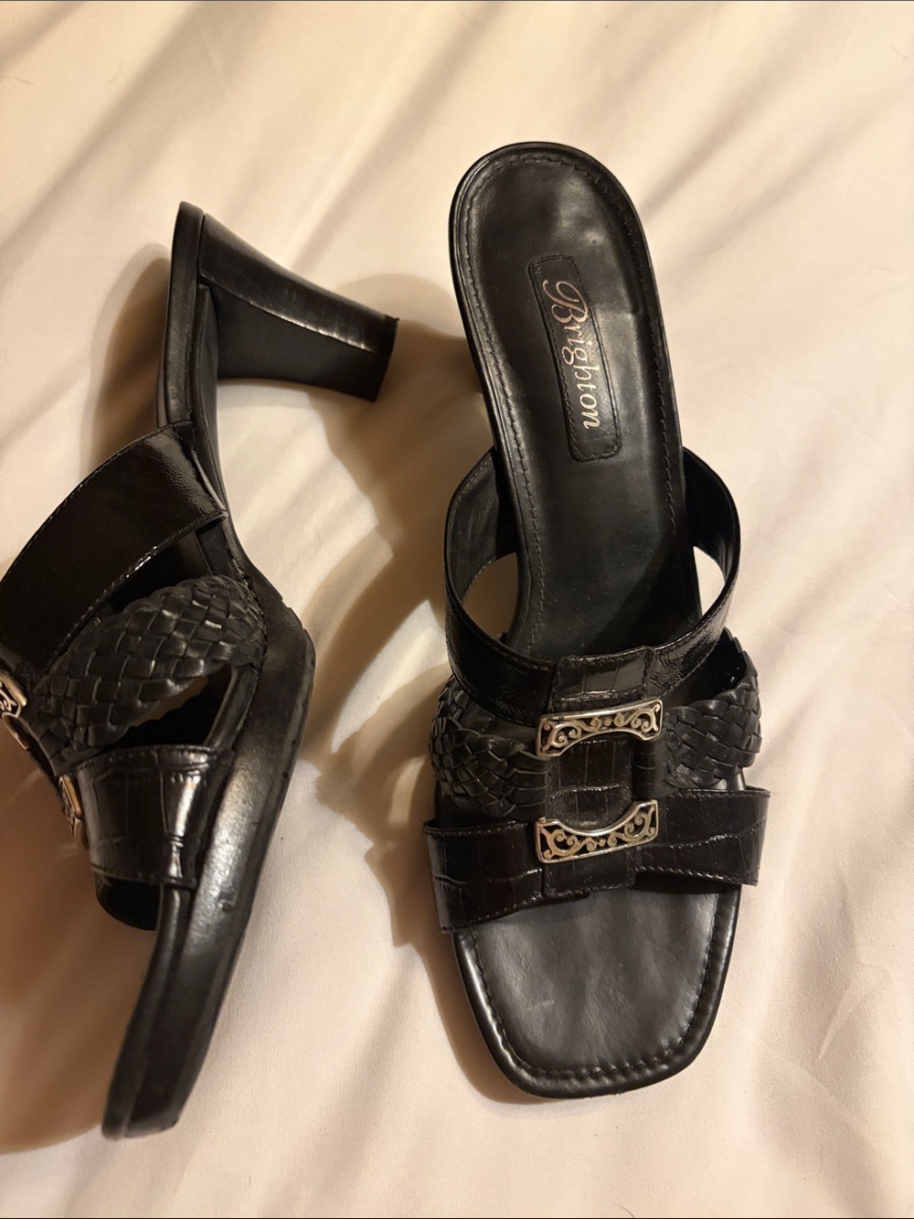 Brighton Palace Black Braided Leather Heeled Sandals with Decorative Buckles